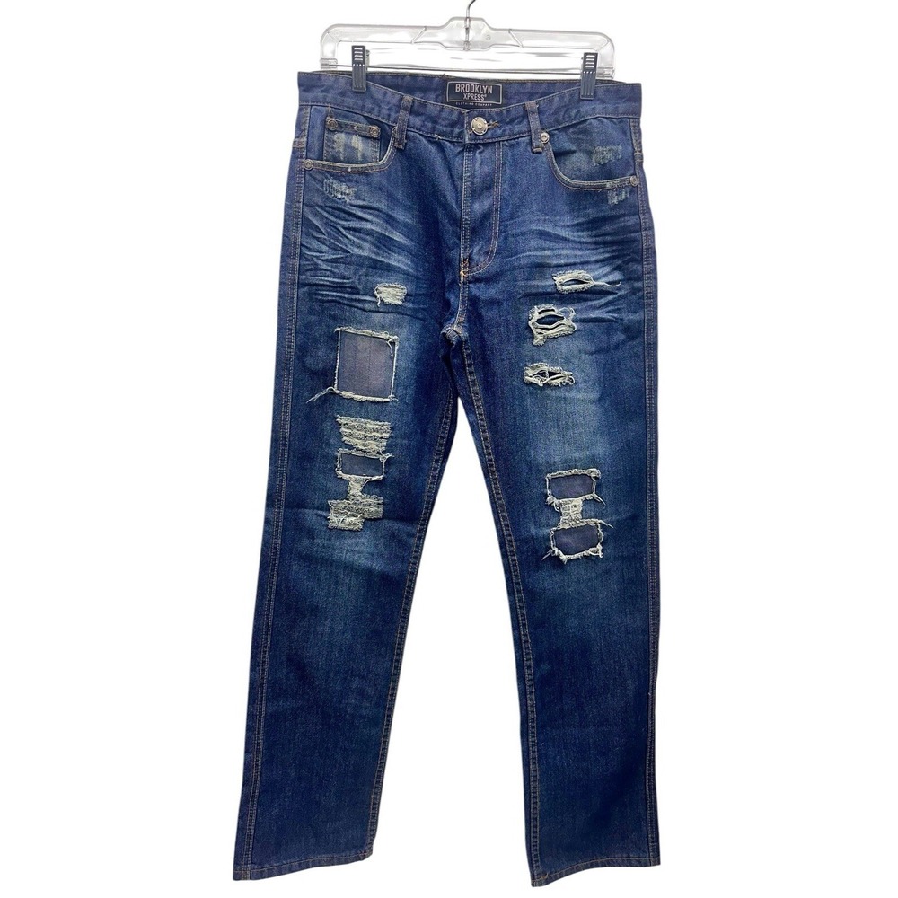 Brooklyn Xpress Jeans Mens 32x32 Blue Distressed Straight‎ Leg 5 Pocket Denim